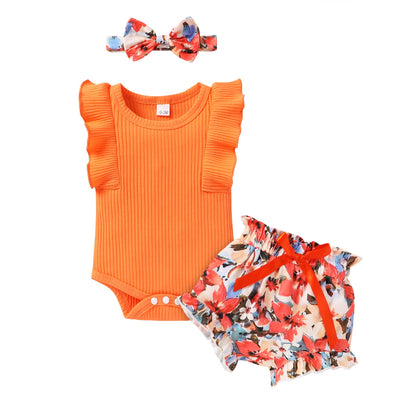 Tiny Cutey Baby Girl Clothes Infant Summer Outfits Set Ruffle Sleeve Romper and Floral Shorts with Headband