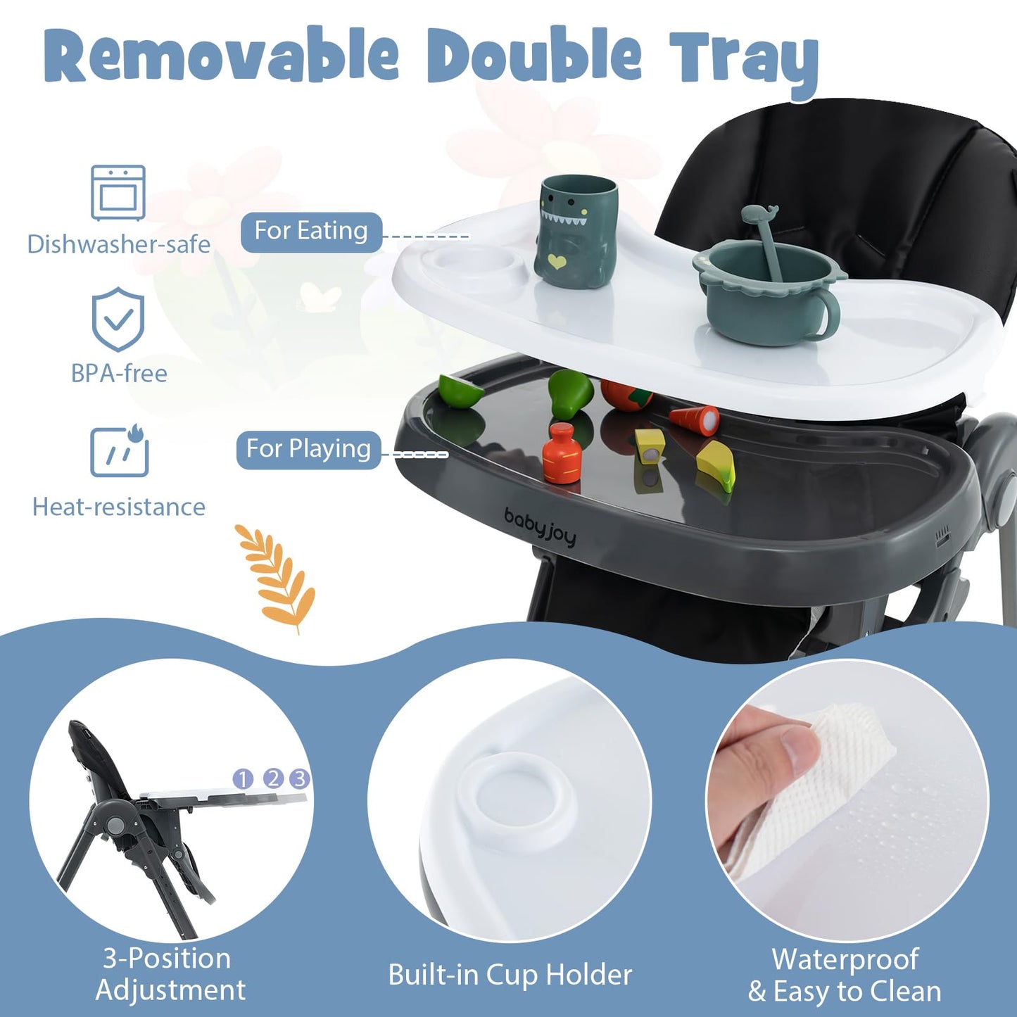 BABY JOY Convertible High Chair for Babies & Toddlers, Height Adjustable, Grow & Go High Chair w/Recline & Footrest, Removable Double Tray, Portable Baby Dinning Chair with Wheels (Beige)