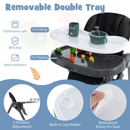 BABY JOY Convertible High Chair for Babies & Toddlers, Height Adjustable, Grow & Go High Chair w/Recline & Footrest, Removable Double Tray, Portable Baby Dinning Chair with Wheels (Beige)