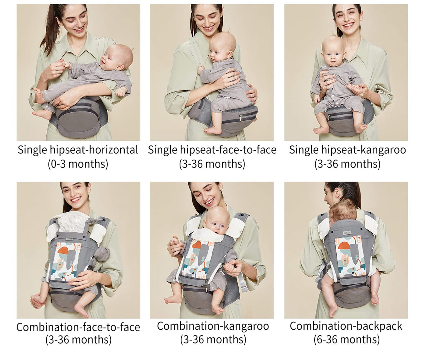Bebamour Baby Carrier Newborn to Toddler-2 in 1 Hip Seat & Carrier Front and Back Carry with Head Hood & 3 Pieces Teething Pads& Waist Extenders & Storage Bag 0-36 Months (Green)