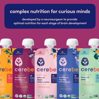 Cerebelly Organic Baby Food Pouches Variety Pack – Organic Veggie Purees for Toddlers | No Added Sugar, Fiber, Non-GMO | Blended Toddler Pouches | 4 Ounce BPA-Free Pouch | 4 Flavors | 8 Count