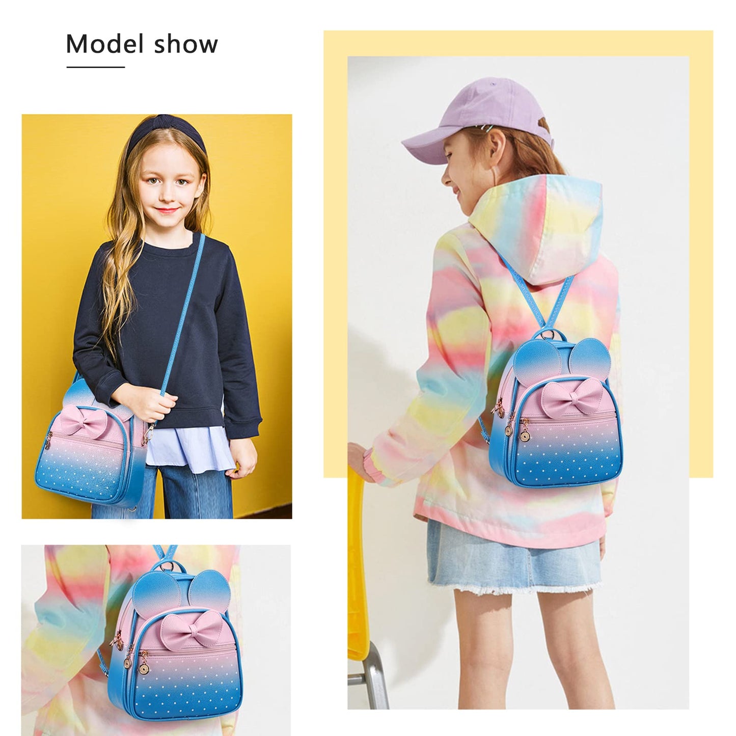 KL928 Girls Bowknot Polka Dot Cute Mini Backpack Small Daypacks Convertible Shoulder Bag Purse for Women