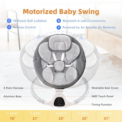 Jaoul Baby Swing for Infants - Electric Portable Newborn Bouncer With Bluetooth Touch Screen/Remote Control, Timing Function, 5 Speeds, 3 Seat Positions for Boys and Girls (Pink)