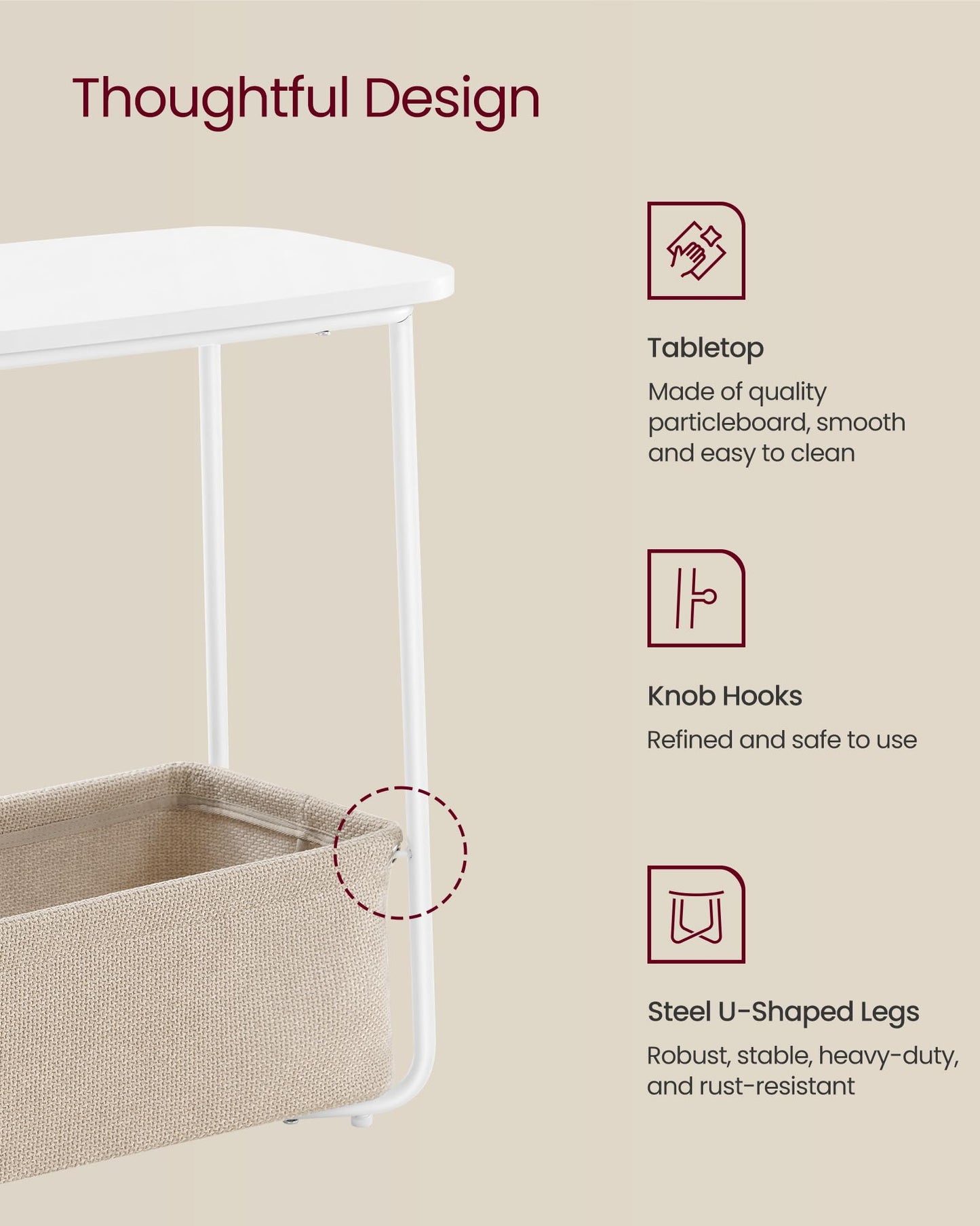 VASAGLE End Table, Small Bedside Table with Fabric Basket, Modern Nightstand, Round Side Table, for Living Room, Bedroom, Matte White and Camel Brown ULET223W10