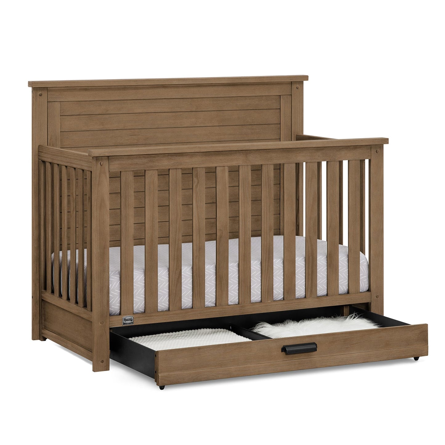Delta Children Simmons Kids Caden 6-in-1 Convertible Crib with Trundle Drawer, Greenguard Gold Certified, Rustic Mist
