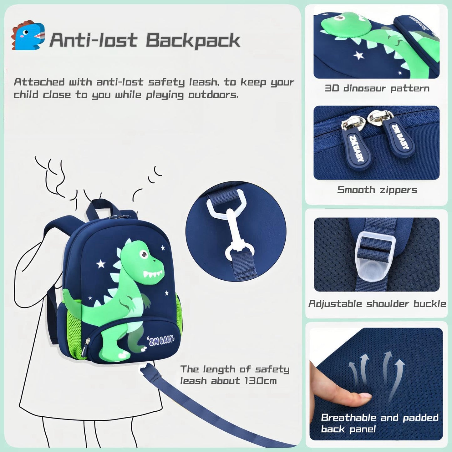 Dinosaur Anti-lost Backpack for Boys Kindergarten Preschool Bookbag with Chest Strap, Toddler Boys Backpack Daycare Bag, B-Green+Orange