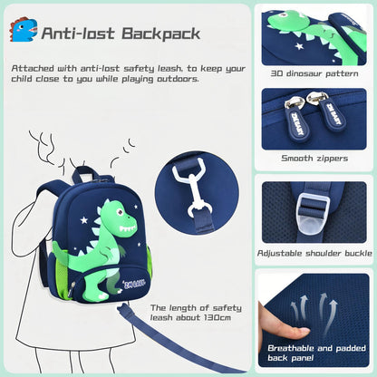 Dinosaur Anti-lost Backpack for Boys Kindergarten Preschool Bookbag with Chest Strap, Toddler Boys Backpack Daycare Bag, B-Green+Orange