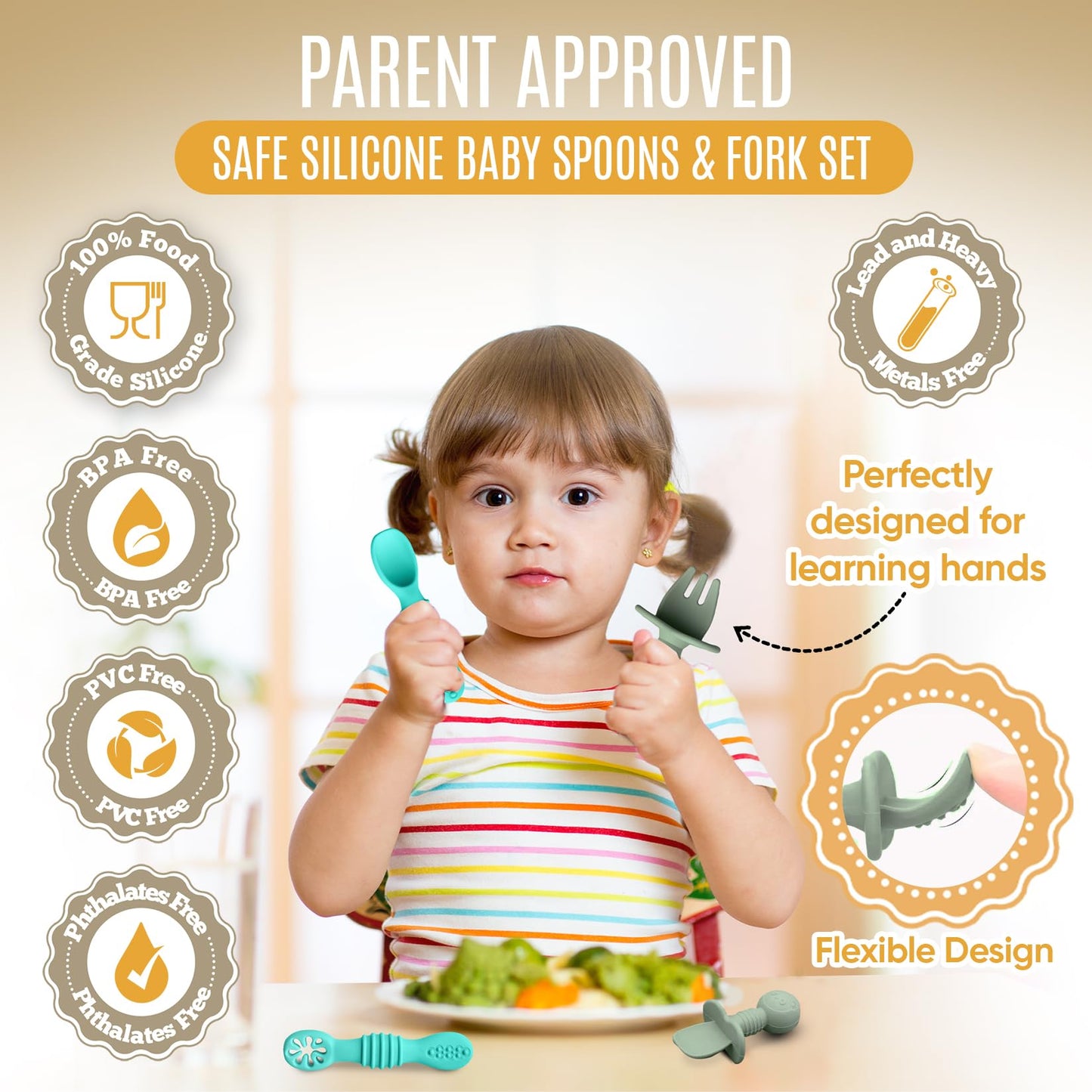4pc Silicone Baby Spoons Self Feeding Baby Utensils 6-12 Months - 3 Baby Spoon - 1 Baby Fork - Toddler Cutlery Set - BPA Free, Dishwasher Safe, Baby Eating Essentials (Light pink/Army Green)
