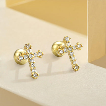 Gold Cross Earrings 14K Real Gold Filled Plated Trendy Dainty Cute Cubic Zirconia Screw Back Nickel Free Small Stud Earrings for Women Men
