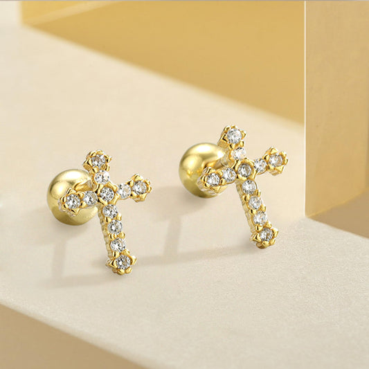 Gold Cross Earrings 14K Real Gold Filled Plated Trendy Dainty Cute Cubic Zirconia Screw Back Nickel Free Small Stud Earrings for Women Men