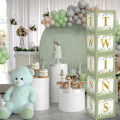 Marspark 5 Pcs Twins Baby Shower Boxes Decorations Supplies Sage Green Baby Boxes for Twins Balloon Boxes Gender Reveal Baby Shower Birthday Party Favors
