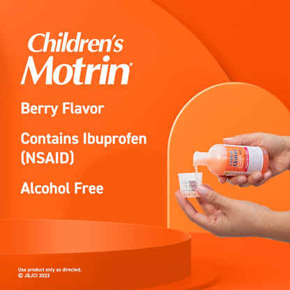 Motrin Children's Oral Suspension 100mg Ibuprofen Medicine, NSAID Fever Reducer & Pain Reliever for Minor Aches & Pains Due to Cold & Flu, Dye Free, Alcohol-Free, Berry Flavored, 8 fl. oz