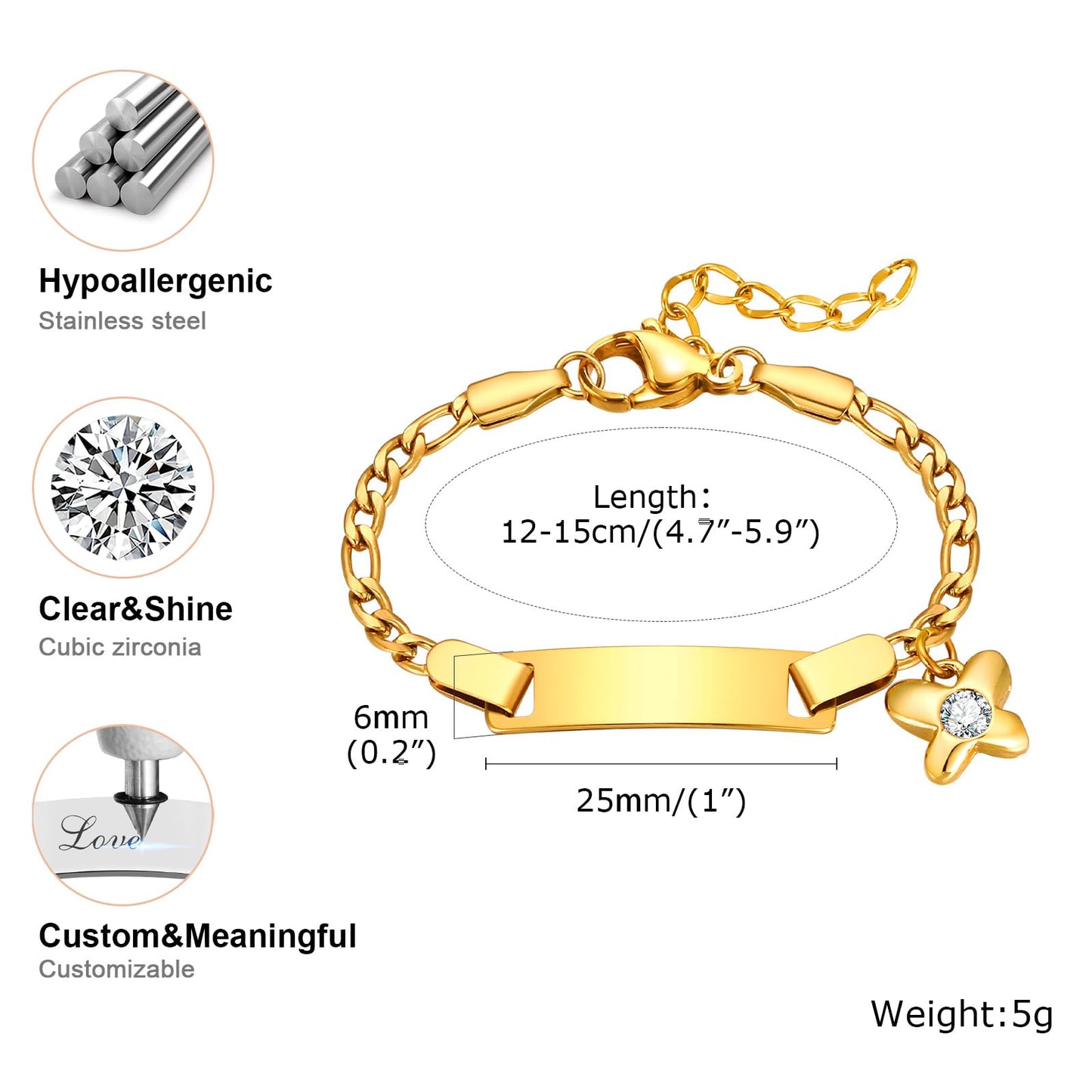 Personalized Baby Name Bar Bracelet: 18K Gold-Plated Custom Engraved ID Kids Charm Bracelets Jewelry Infant Girls Boys Toddler, Birthday Back to School Gifts Preppy Stuff for Daugther Son