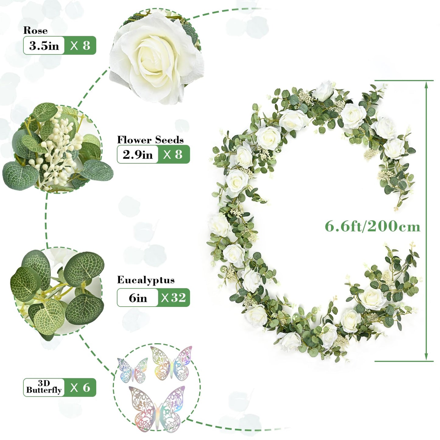 Yastouay 6.4 Ft Fuller Artificial Eucalyptus Garland with Champagne Flowers Fake Rose Vine for Table Centerpiece Wedding Baby Shower Party Room Backdrop Decor