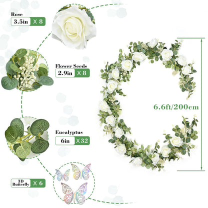 Yastouay 6.4 Ft Fuller Artificial Eucalyptus Garland with Champagne Flowers Fake Rose Vine for Table Centerpiece Wedding Baby Shower Party Room Backdrop Decor