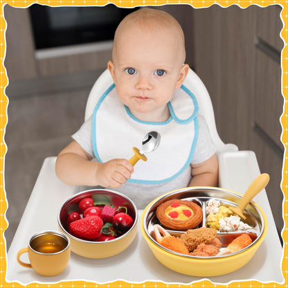 Nuogo 6 Pcs 304 Stainless Steel Kids Plates and Bowls Set Stainless Steel Suction Bowls and Toddler Cup with Removable Silicone, Forks Spoons Pocket Bib for Baby Toddle(Pink,Round)