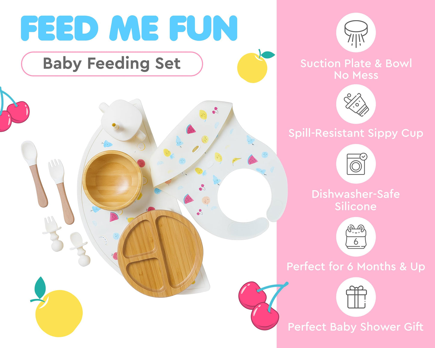 Bamboo Baby Feeding Set for Infants & Toddlers - Baby Essentials, Non-Toxic, Sustainable, Bamboo Suction Plate & Bowl, Bib, Sippy Cup w/Lid & Straw, Daily Use, Travel, Baby Shower Gifts (Pink)