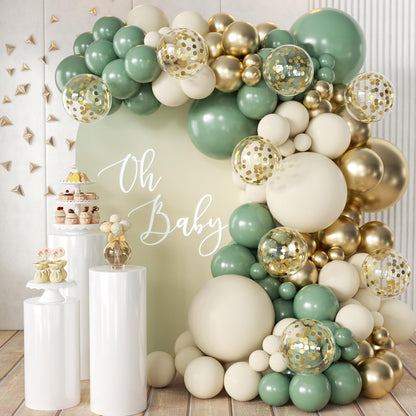 155Pcs Sage Green Arch Kit with Pea Green White Gold Balloons for Baby Shower Bridal Shower Birthday Engagement Wedding Wild One Party Decorations