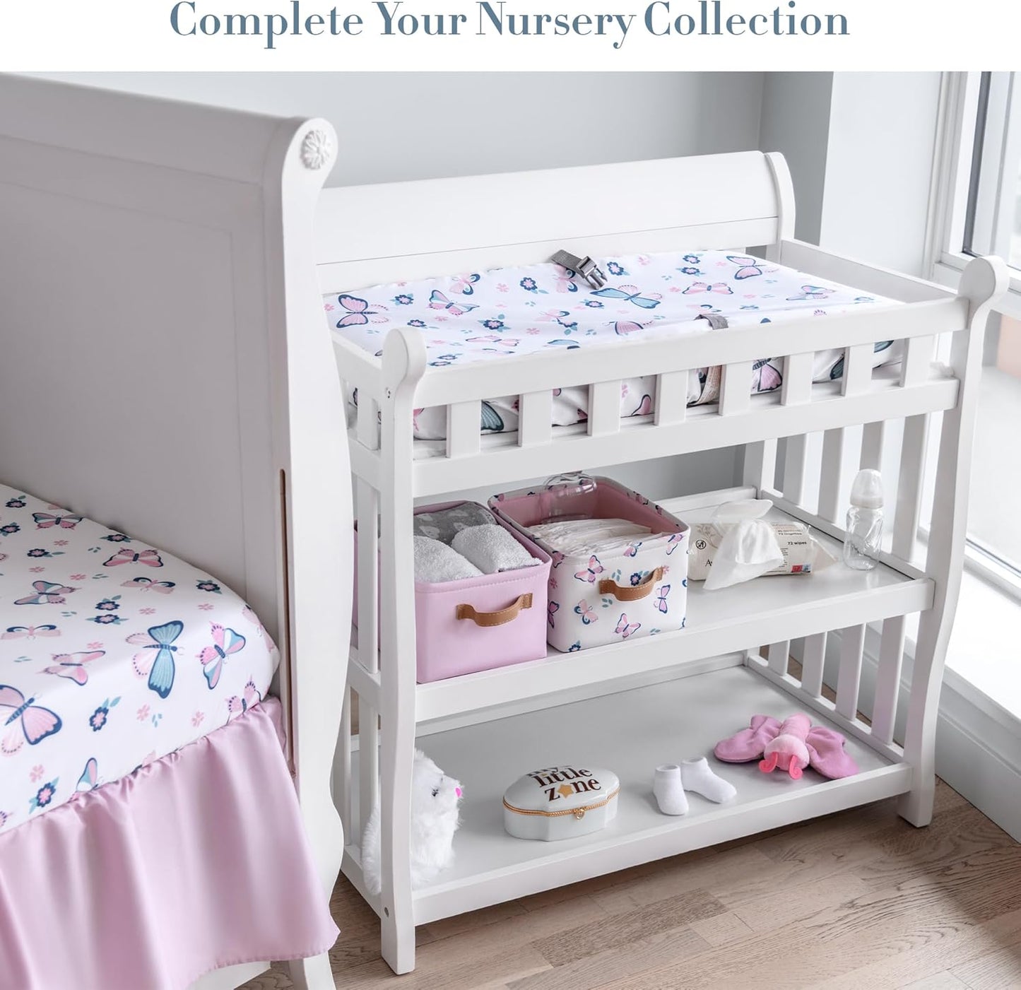 Butterfly Crib Bedding Set for Girls - 5 Pieces Including Baby Girl Blanket, 2 Crib Sheets, Crib Skirt, and Purple Butterfly Wall Sticker - White & Pink - Butterfly Nursery Decor