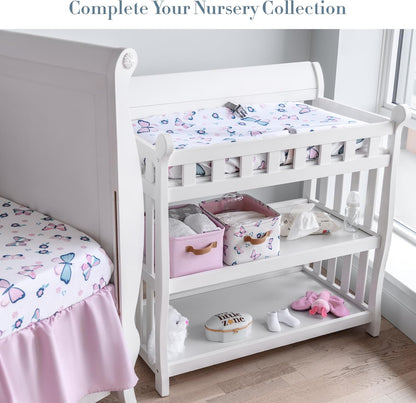 Butterfly Crib Bedding Set for Girls - 5 Pieces Including Baby Girl Blanket, 2 Crib Sheets, Crib Skirt, and Purple Butterfly Wall Sticker - White & Pink - Butterfly Nursery Decor