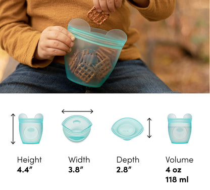 Zip Top Reusable 100% Silicone Baby + Kid Snack Containers - The only containers that stand up, stay open and zip shut! No Lids! Made in the USA - Teal Bear