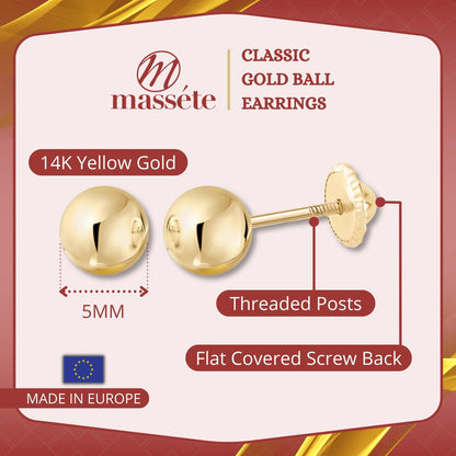 MASSETE Gold Ball Stud Earrings for Women and Girls Screwback | 10k, 14k, 18k | White Yellow or Rose Gold | 3mm 4mm 5mm | Nickel Free