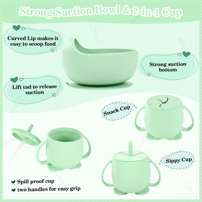 Silicone Baby Feeding Set 10 Pcs Baby Led Weaning Supplies Suction Bowl Divided Plate Baby Bibs Fruit Feeder Baby Spoons Forks Sippy Cup Toddler Utensil Sets Baby Essentials for Newborn Gift