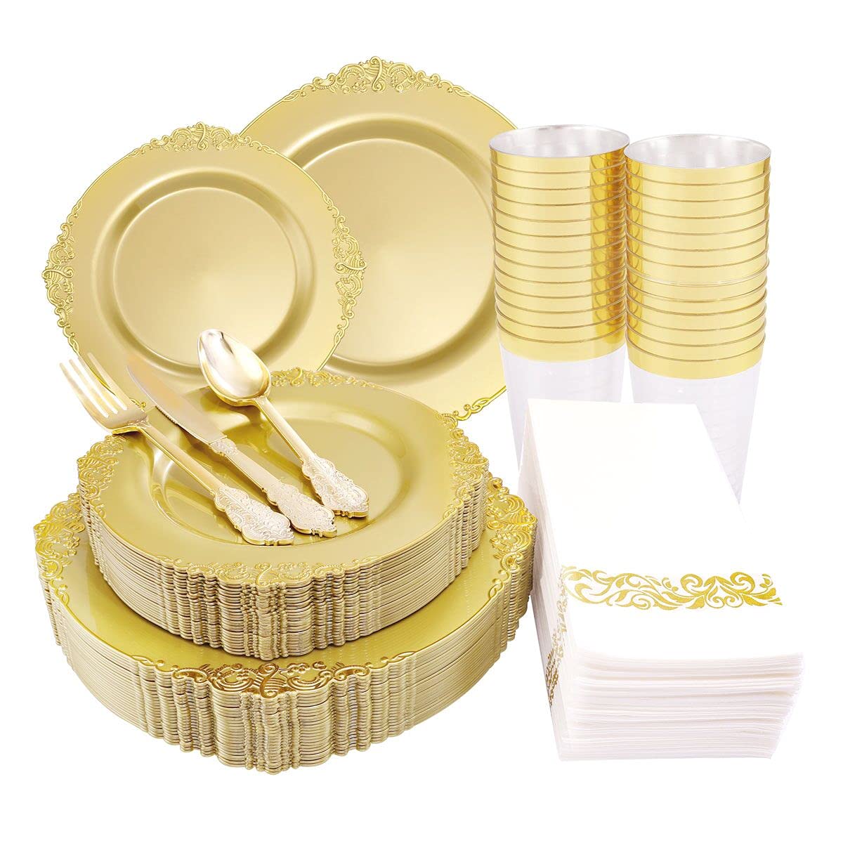 Morejoy 175PCS Rose Gold & Silver Plastic Dinnerware Set: 25 Plates, 25 Forks, 25 Knives, 25 Spoons, 25 Cups, 25 Napkins - Perfect for Wedding & Party