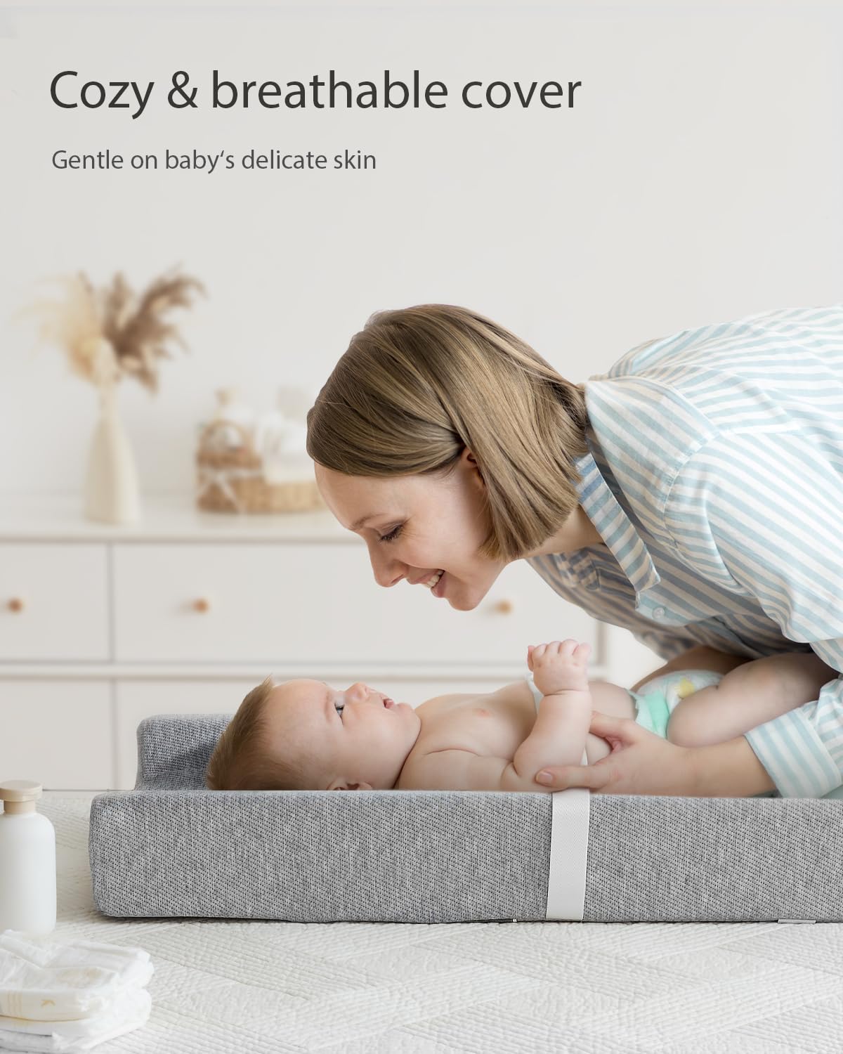 Blissful Diary Baby Changing Pad with Waterproof Lining Foam, Includes a Soft & Washable Cover, Contoured Changing Table Pads for Dresser Top with Non-Slip Bottom, 32”×16” (Grey, Avocado)