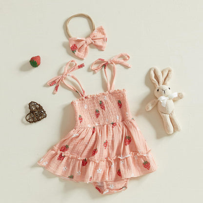 Newborn Baby Girl Romper Dress Sleeveless Tie Up Strap Smocked Strawberry Floral Print Bodysuit Summer Outfit Cotton Clothes