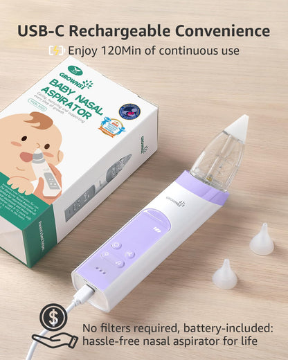 GROWNSY Nasal Aspirator for Baby, Electric Nose Aspirator for Toddler, Baby Nose Sucker, Automatic Nose Cleaner with 3 Silicone Tips, Adjustable Suction Level, Music and Light Soothing Function