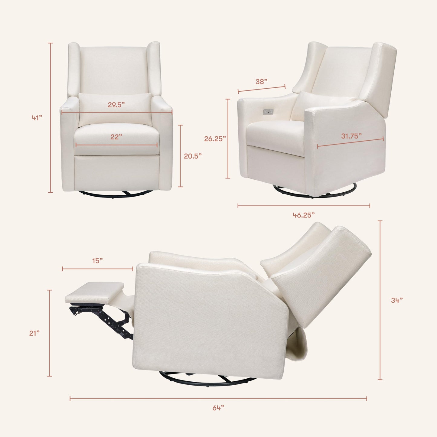 Babyletto Kiwi Electric Power Glider Recliner Nursery Chair w/ USB Ports - Water & Stain Resistant Glider Rocking Chair for Nursery - GREENGUARD Gold Certified Swivel Rocker Recliner Chair - Cream