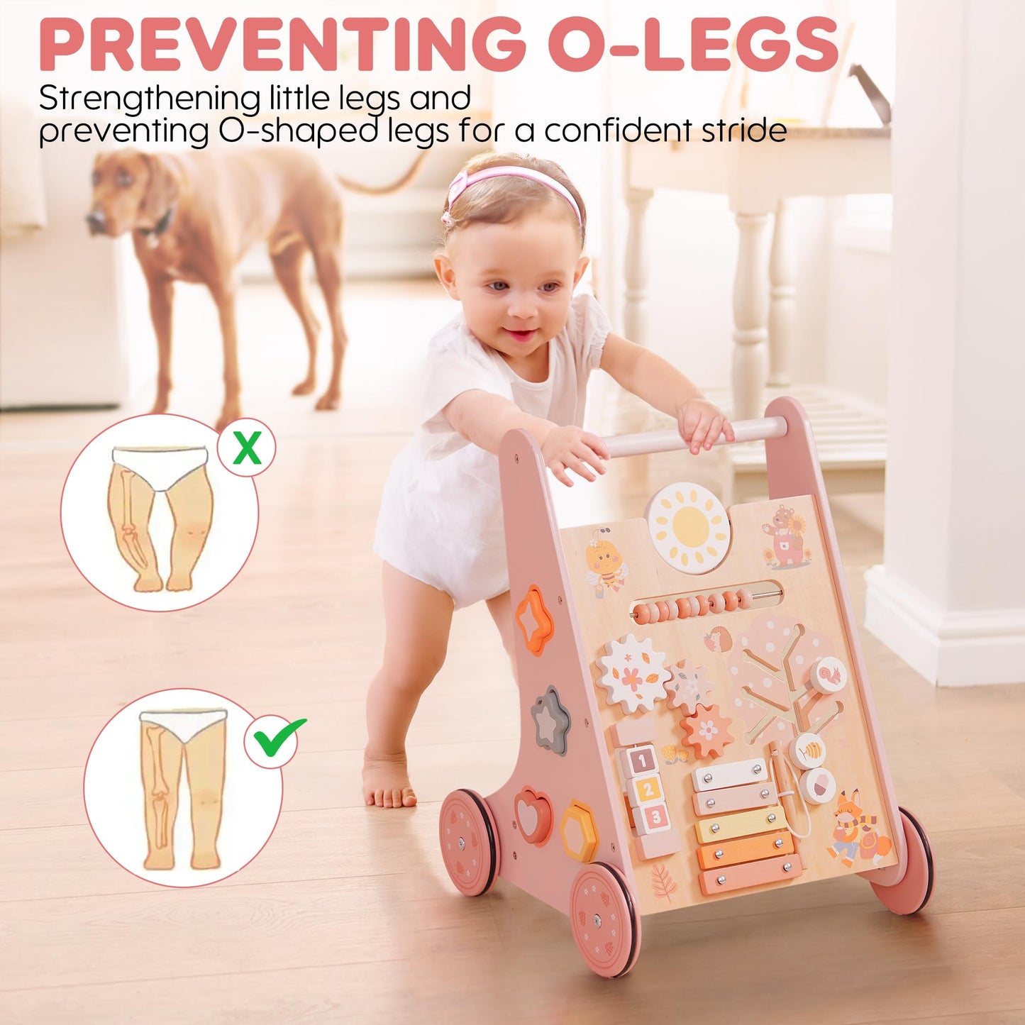 ROBUD Wooden Baby Walker, Baby Push Walker with Activity Center and Storage, Montessori Walker Toy for Boys and Girls Learning to Stand and Walk, Pink