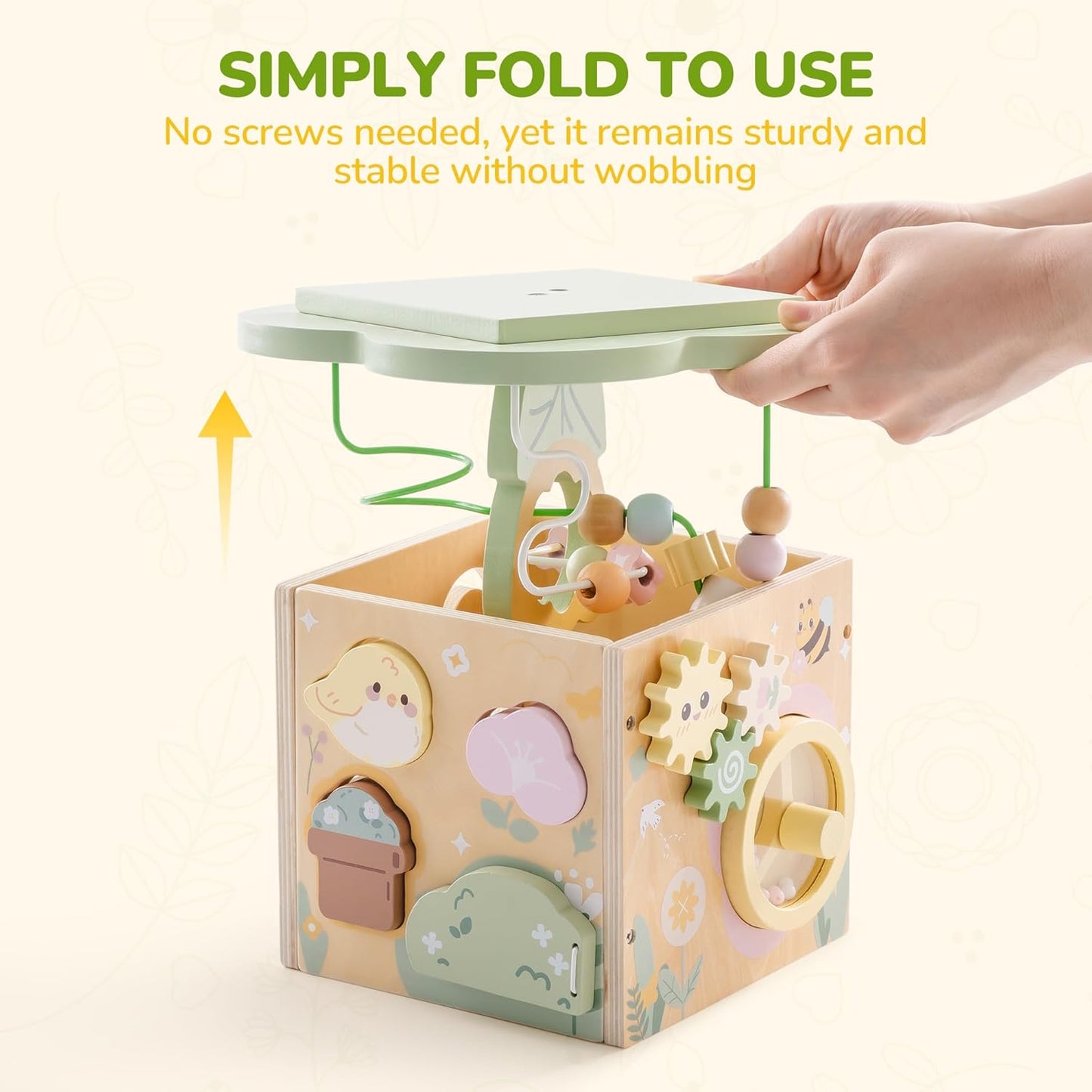 ROBUD Wooden Activity Cube, Educational Wooden Toys with 7 Functional Areas, Montessori Toys for 1+ Year Old Boys & Girls, Flower Bush Theme