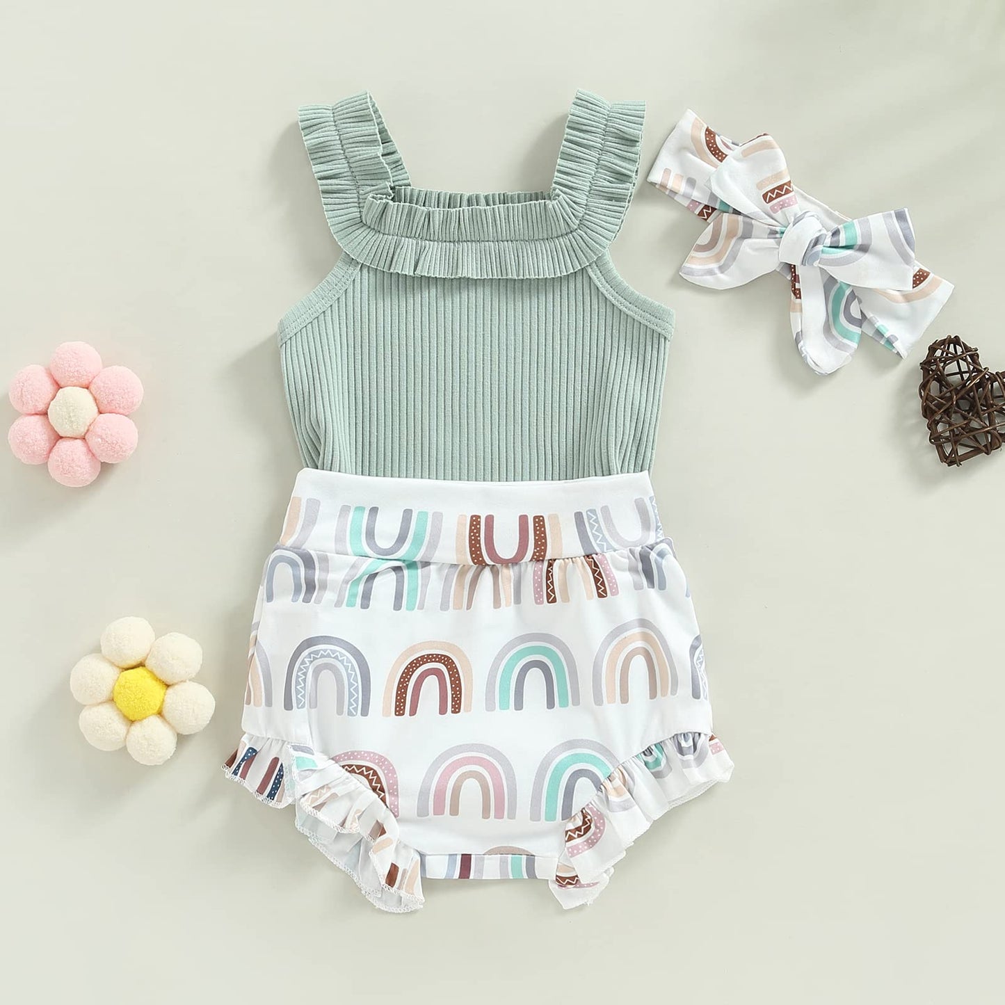 Murnouche Newborn Baby Girl Summer Clothes Sleeveless Floral Top Ribbed Shorts Boho Outfit Set