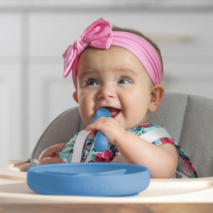 TalkTools ITSY Baby Utensil Set – Silicone Training Cup, Plate and Twin Spoon Pack for Toddlers| Infant First Food Self Feeding Silicone Training Set (Bubblegum)