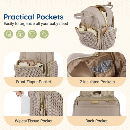 mommore Diaper Bag Small Diaper Backpack Stylish Baby Travel Backpacks with Insulated Pockets, Changing Pad, Stroller Straps