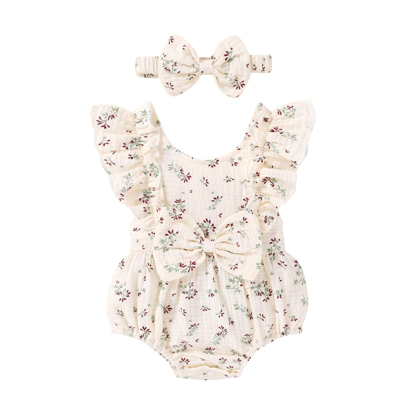 YOUNGER TREE Newborn Baby Girl Clothes Ruffle Sleeve Rompers Infant Backless Floral Jumpsuit Summer Outfits with Headband