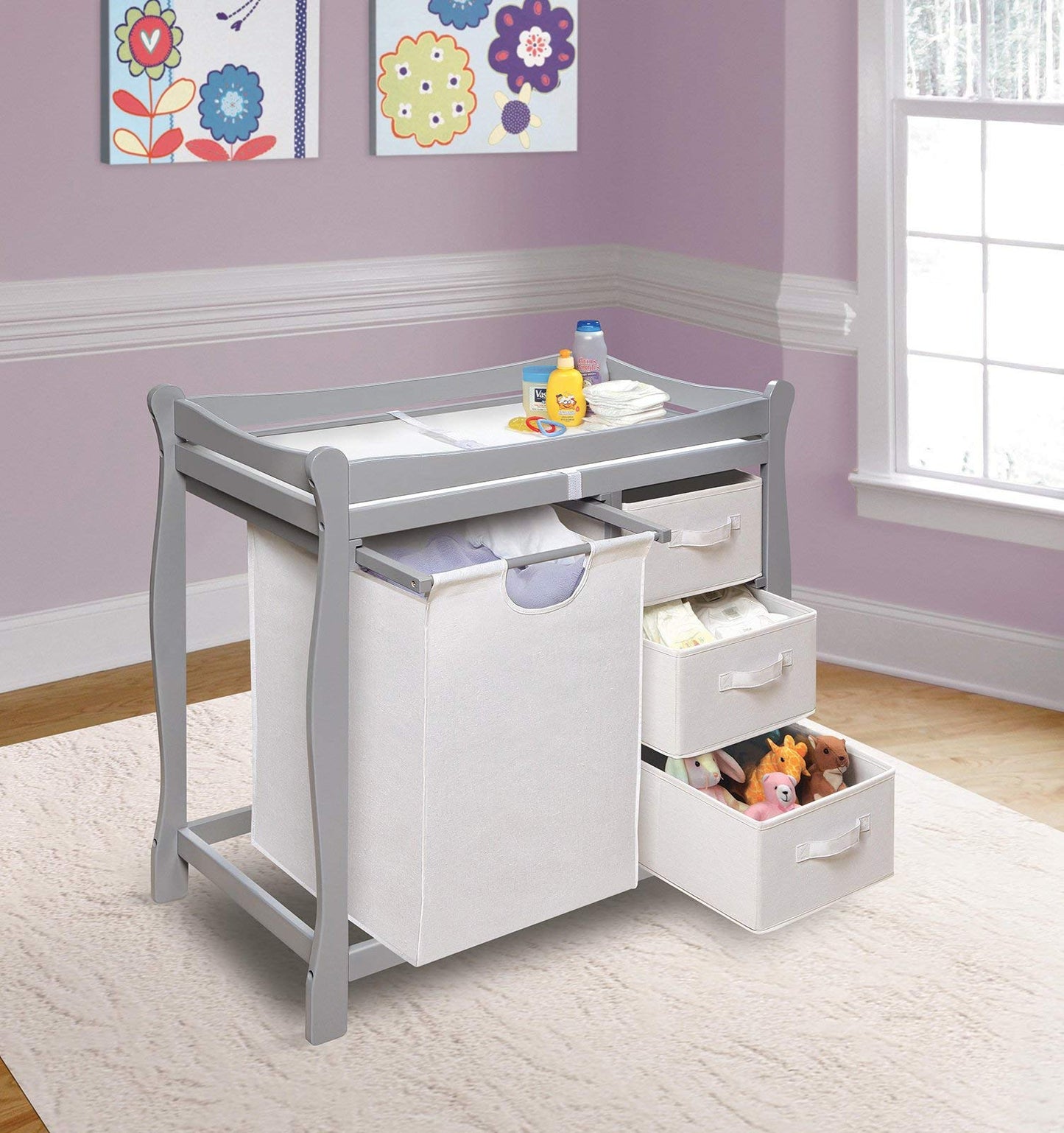 Badger Basket Sleigh Style Baby Changing Table with Laundry Hamper and 3 Storage Drawers - Espresso