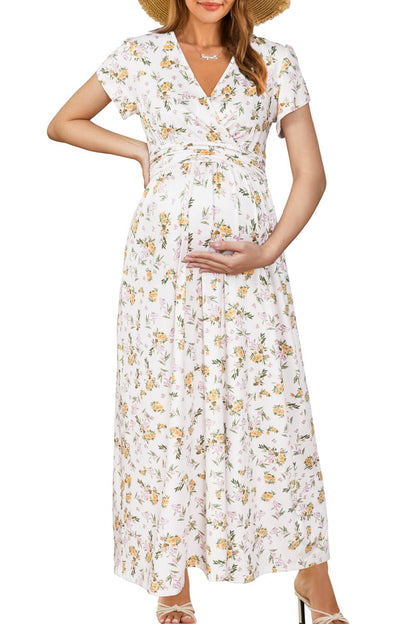 OUGES Maternity Maxi Dress Wrap V Neck Baby Shower Pregnancy Dresses for Photoshoot