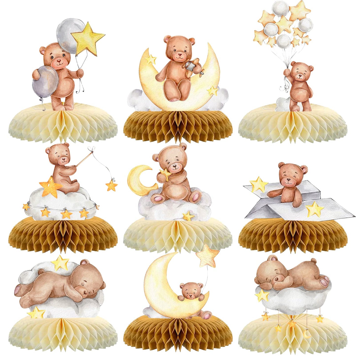 Tarklanda 9 Pcs Bear Baby Shower Honeycomb Centerpieces for Boys Party Decorate,Little Bear Balloons Cutouts Table Topper Honeycomb 3D Table Decoration for Kids Baby Shower Birthday Party Supplies