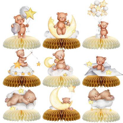 Tarklanda 9 Pcs Bear Baby Shower Honeycomb Centerpieces for Boys Party Decorate,Little Bear Balloons Cutouts Table Topper Honeycomb 3D Table Decoration for Kids Baby Shower Birthday Party Supplies