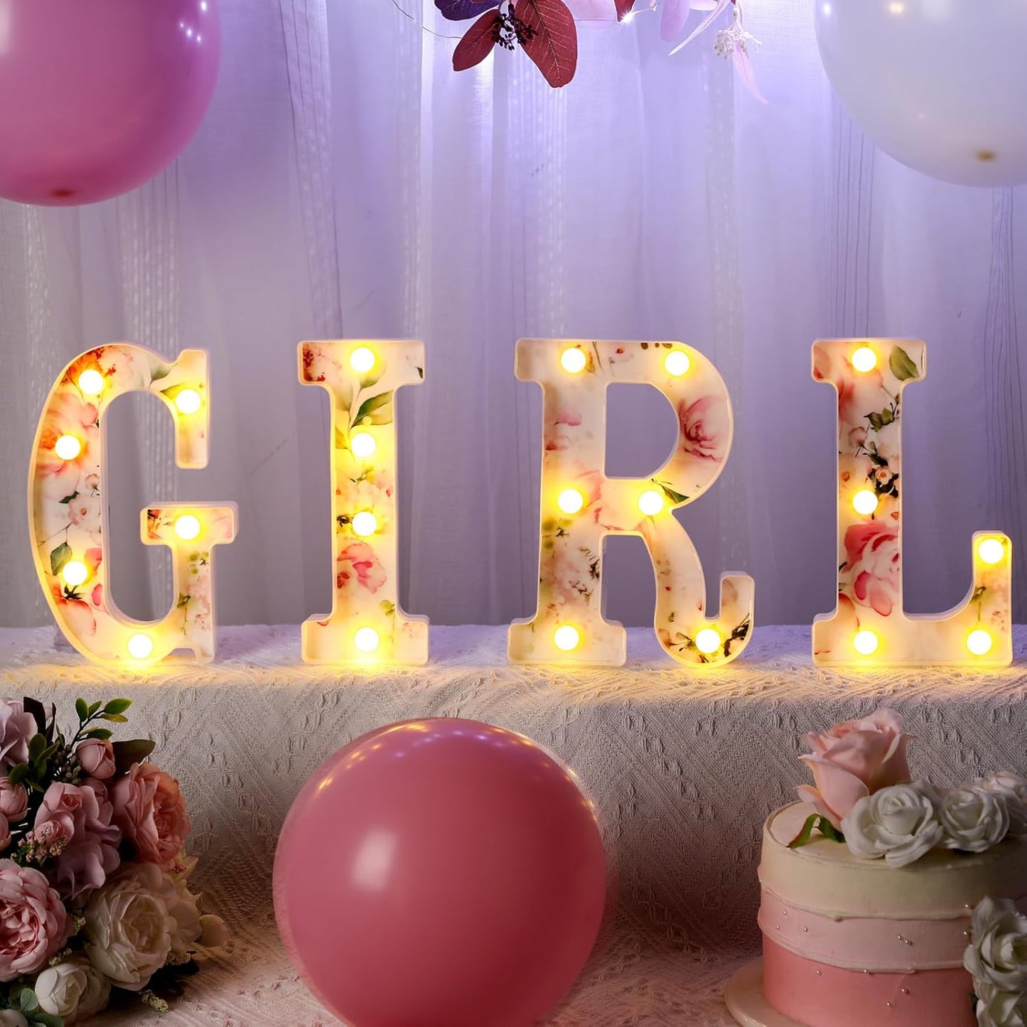 Woodland Greenery Centerpieces Baby Marquee Light up Sign Letters 8.26'' Baby Shower Letter Battery Operated Gender Reveal Birthday Party Decor for Home Table(Flower Girl,Pink)