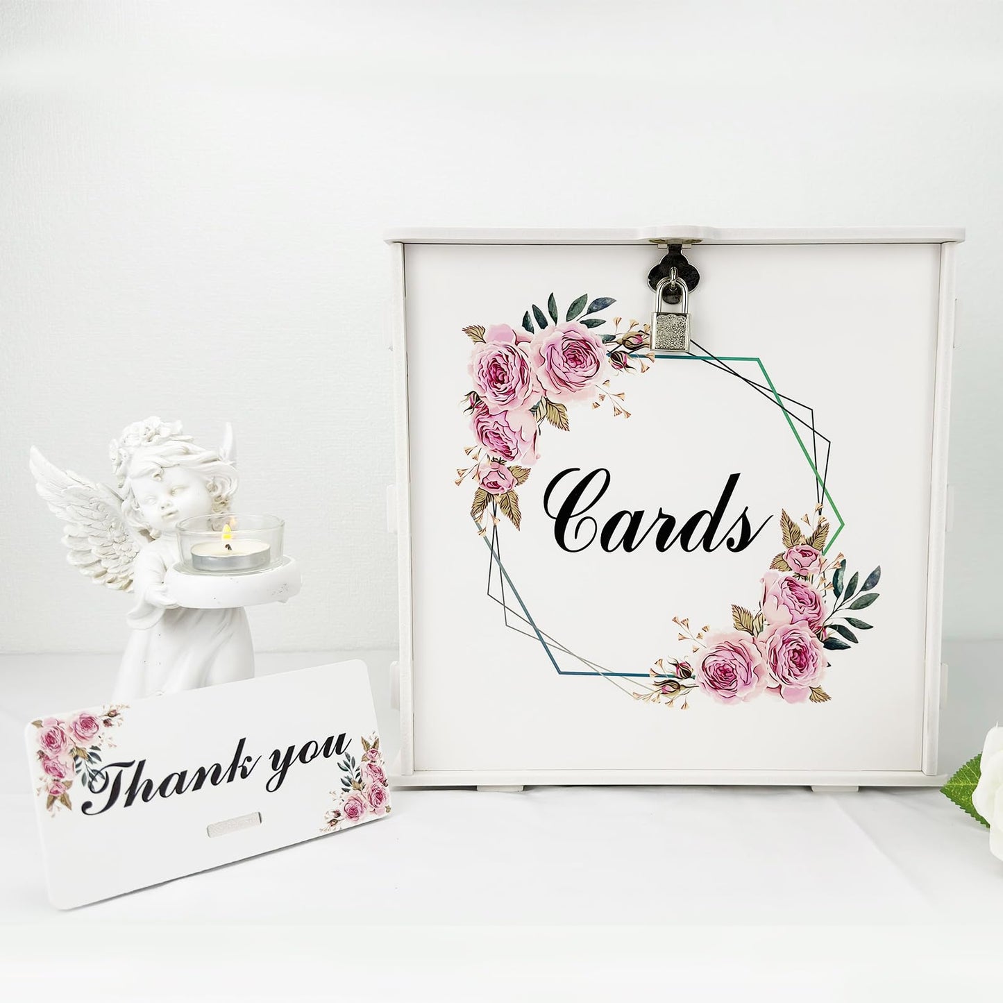 White Wedding Card Box with Lock, Gift Wedding Card Boxes for Reception Money Holder with Rose Sign for Wedding Decorations, Baby Showers, Birthdays, Bridal or Graduation Party Supplies