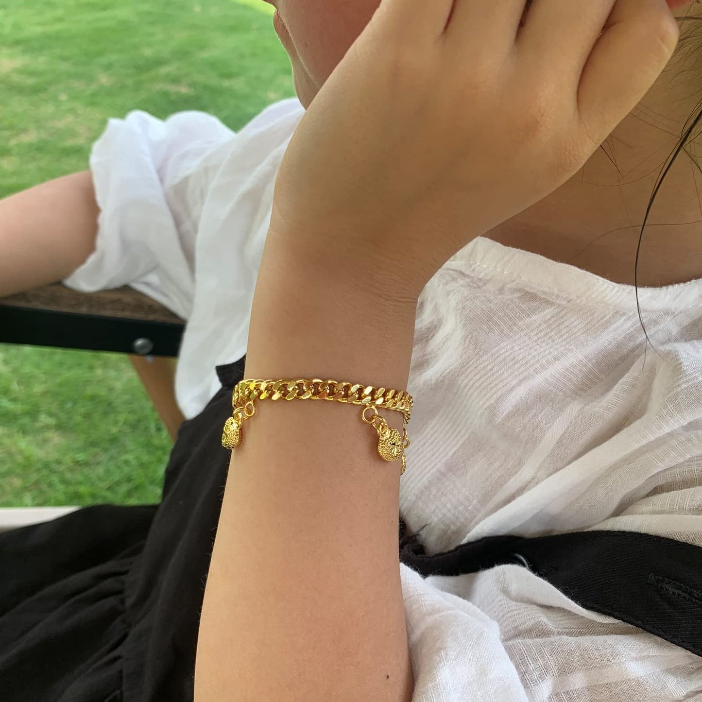 Ethlyn Bracelets for little girls 18K Gold Plated Cuban Link Chain Bracelets Bells Dangle Charms Little Girls Jewelry