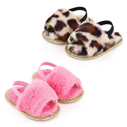 2 Pack Infant Baby Girls Sandals Elastic Back Strap Flats Slippers Soft Toddles Princess Shoes Faux Fur Slides Shoes First Walker House Shoes