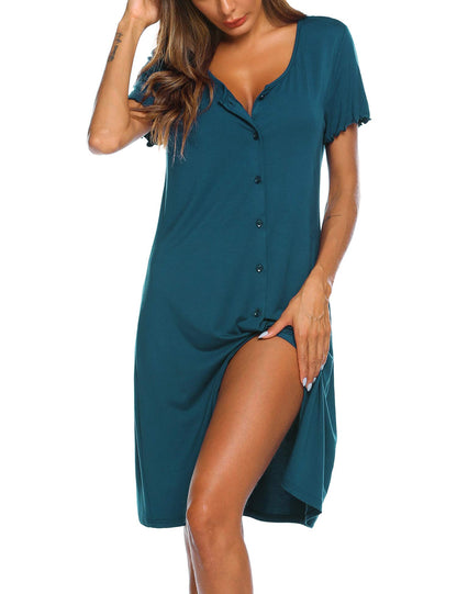 Ekouaer Women's Nightshirt Short Sleeve Button Down Nightgown V-Neck Sleepwear Pajama Dress