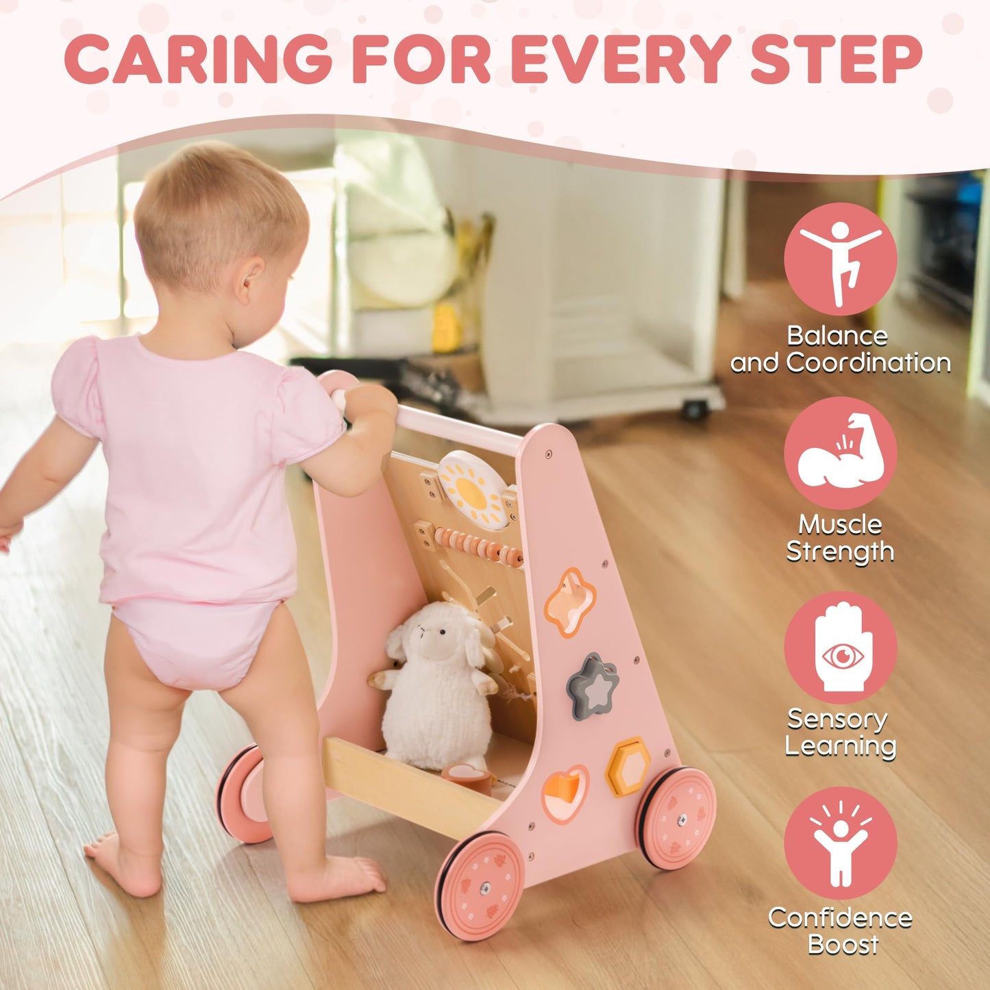 ROBUD Wooden Baby Walker, Baby Push Walker with Activity Center and Storage, Montessori Walker Toy for Boys and Girls Learning to Stand and Walk, Pink