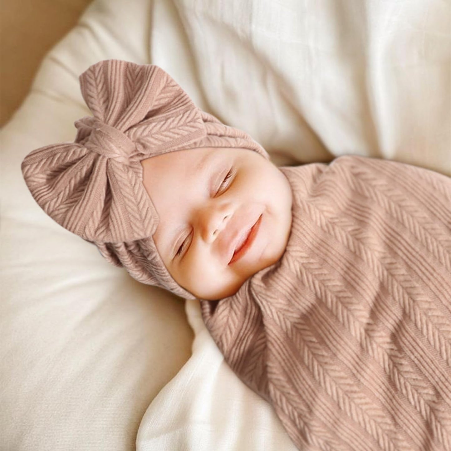 DRESHOW BQUBO Baby Swaddle Blankets for Girls, 4PCS Newborn Accessories Set with Matching Hat and Bow Headband with Card