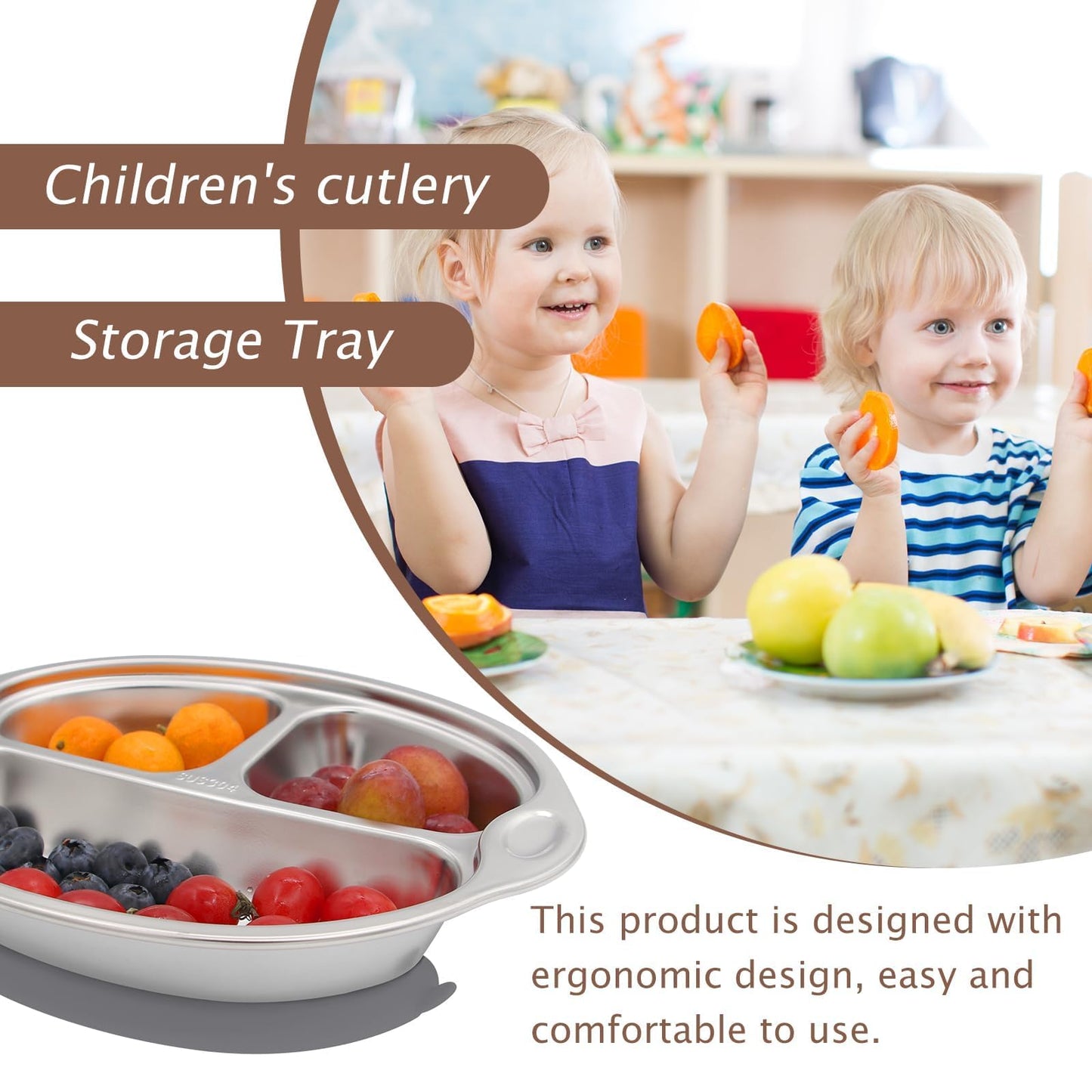 Mrs. Chou® Stainless Steel Baby Suction Plates Divided Designed for Babies and Toddlers, Made of 100% Food-Grade Materials Ideal for Baby-Led Weaning BPA-Free Toddler Feeding Supplies Dishwasher Safe